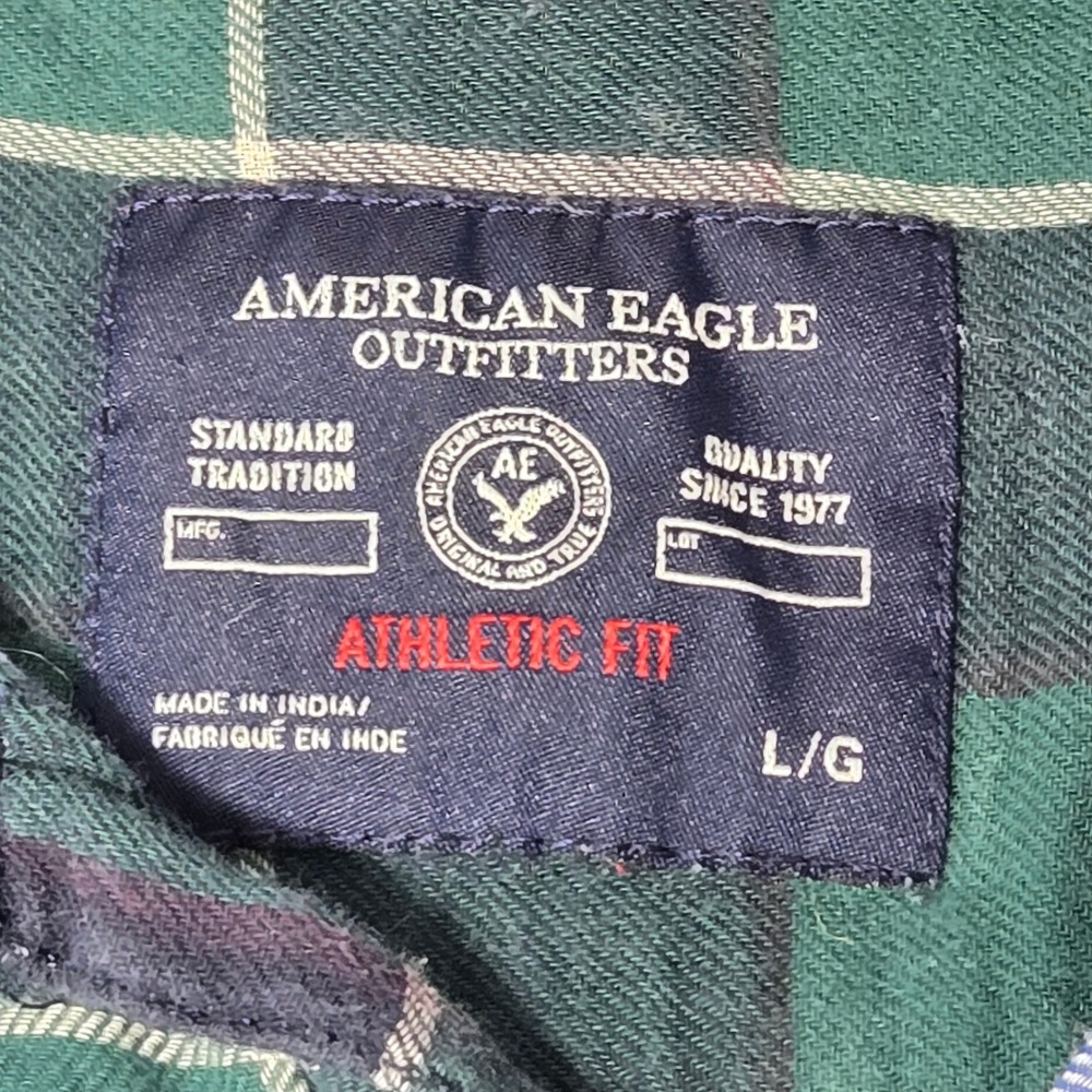 Y2K American Eagle Outfitters Mens Athletic Fit Flannel Shirt Green Navy Plaid L - Picture 6 of 10